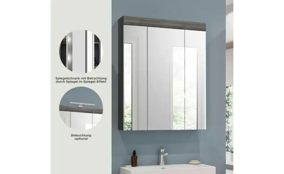 Badezimmerspiegelschrank SCHLOONSEE, Breite 60cm, 3 Spiegeltüren, 9 Fächer, 6 Einlegeböden in verschiedenen Farben erhältlich, Badmöbel, Spiegel, Badschrank, Bad Schloonsee