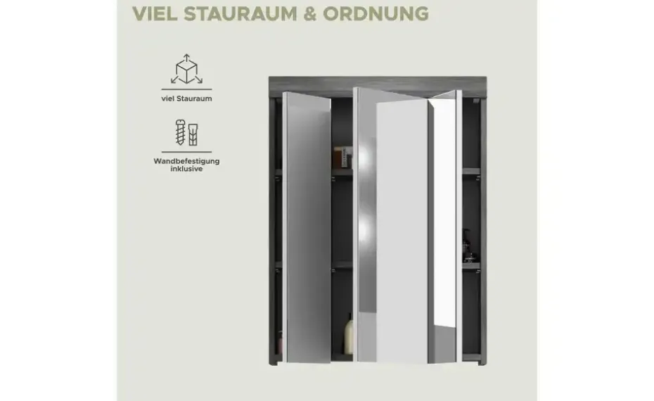 Badezimmerspiegelschrank SCHLOONSEE, Breite 60cm, 3 Spiegeltüren, 9 Fächer, 6 Einlegeböden in verschiedenen Farben erhältlich, Badmöbel, Spiegel, Badschrank, Bad Schloonsee