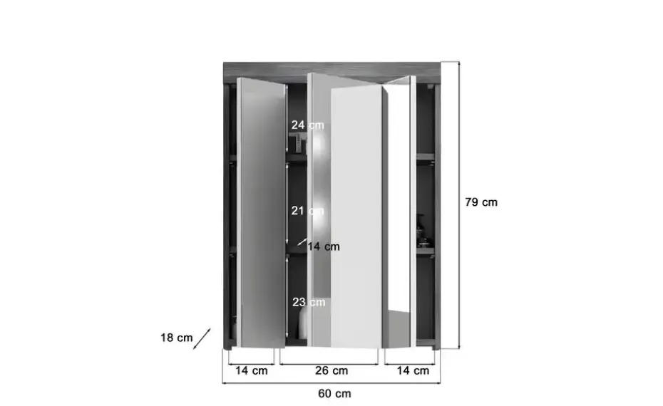 Badezimmerspiegelschrank SCHLOONSEE, Breite 60cm, 3 Spiegeltüren, 9 Fächer, 6 Einlegeböden in verschiedenen Farben erhältlich, Badmöbel, Spiegel, Badschrank, Bad Schloonsee