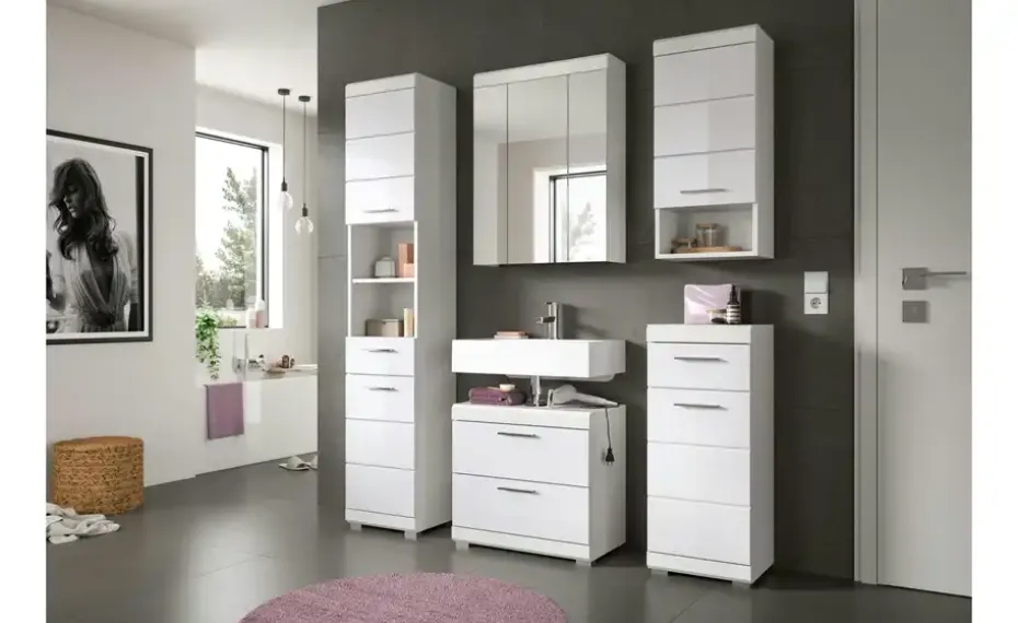 Hängeschrank SCHLOONSEE, Breite 37cm, 1 Tür, 1 offenes Fächer, 1 Einlegeboden, MDF-Front in verschiedenen Farben erhältlich, Badmöbel, Badschrank, Schrank, Bad Schloonsee