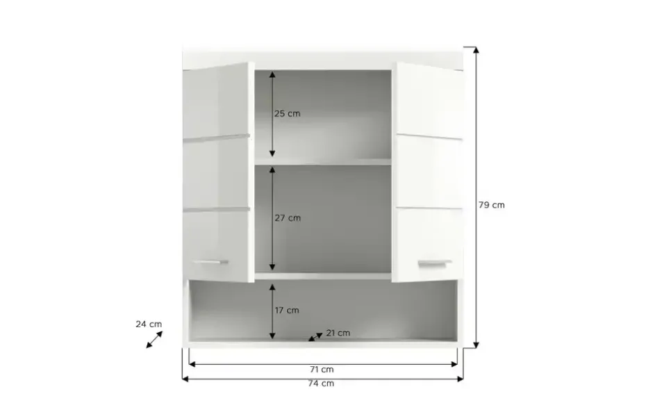Hängeschrank SCHLOONSEE, Breite 74cm, 2 Türen, 1 offenes Fächer, MDF-Front in verschiedenen Farben erhältlich, Badmöbel, Badschrank, Schrank, Bad Schloonsee
