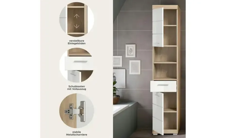 Hochschrank SCHLOONSEE, Breite 37cm, 2 Tür, 1 Schubkasten, 2 offene Fächer, MDF-Front in verschiedenen Farben erhältlich, Badmöbel, Badschrank, Schrank, Bad Schloonsee