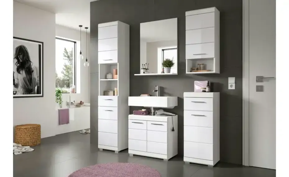 Hochschrank SCHLOONSEE, Breite 37cm, 2 Tür, 1 Schubkasten, 2 offene Fächer, MDF-Front in verschiedenen Farben erhältlich, Badmöbel, Badschrank, Schrank, Bad Schloonsee