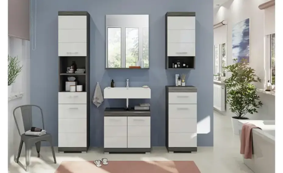Hochschrank SCHLOONSEE, Breite 37cm, 2 Tür, 1 Schubkasten, 2 offene Fächer, MDF-Front in verschiedenen Farben erhältlich, Badmöbel, Badschrank, Schrank, Bad Schloonsee