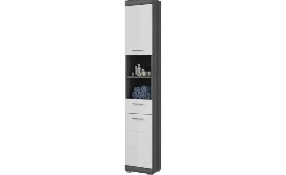 Hochschrank SCHLOONSEE, Breite 37cm, 2 Tür, 1 Schubkasten, 2 offene Fächer, MDF-Front in verschiedenen Farben erhältlich, Badmöbel, Badschrank, Schrank, Bad Schloonsee