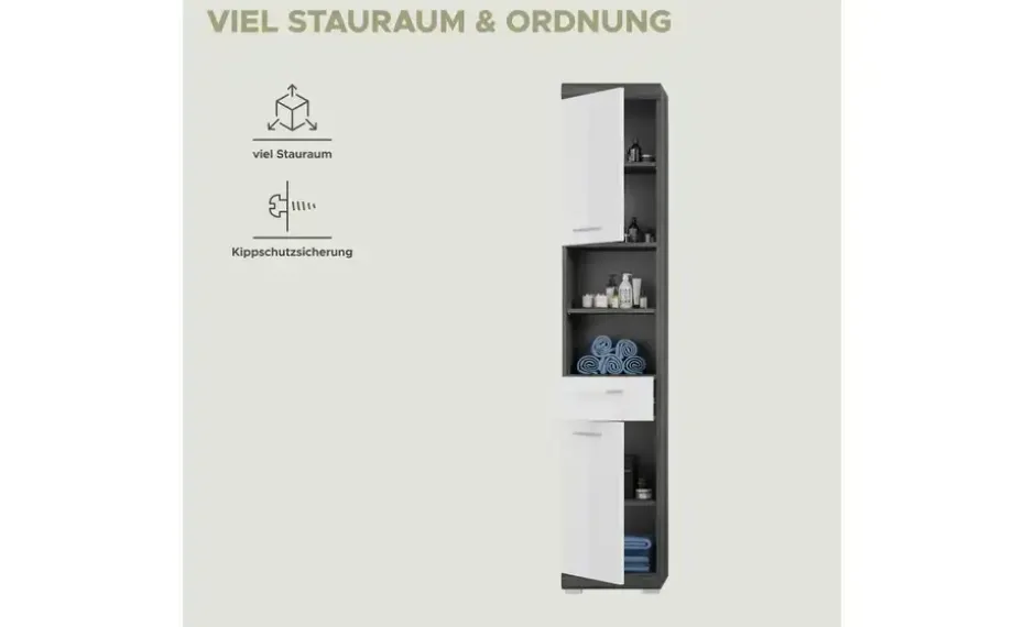 Hochschrank SCHLOONSEE, Breite 37cm, 2 Tür, 1 Schubkasten, 2 offene Fächer, MDF-Front in verschiedenen Farben erhältlich, Badmöbel, Badschrank, Schrank, Bad Schloonsee
