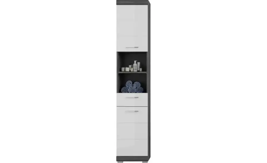 Hochschrank SCHLOONSEE, Breite 37cm, 2 Tür, 1 Schubkasten, 2 offene Fächer, MDF-Front in verschiedenen Farben erhältlich, Badmöbel, Badschrank, Schrank, Bad Schloonsee