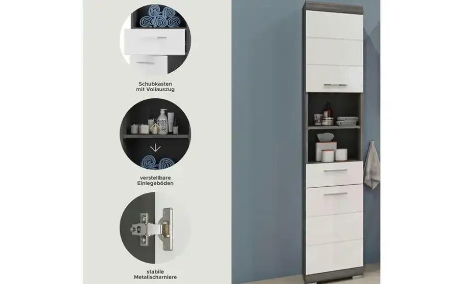 Hochschrank SCHLOONSEE, Breite 37cm, 2 Tür, 1 Schubkasten, 2 offene Fächer, MDF-Front in verschiedenen Farben erhältlich, Badmöbel, Badschrank, Schrank, Bad Schloonsee