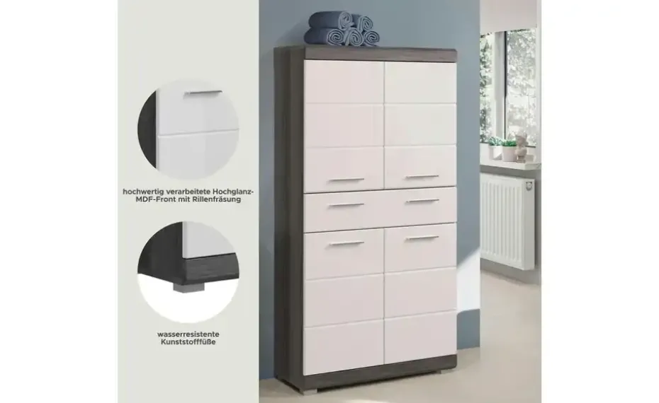 Midischrank SCHLOONSEE, Breite 74cm, 4 Türen, 1 Schubkasten, 4 Fächer, MDF-Front in verschiedenen Farben erhältlich, Badmöbel, Badschrank, Schrank, Bad Schloonsee