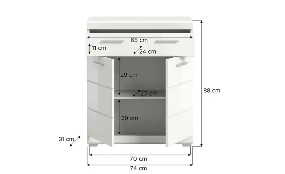 Unterschrank SCHLOONSEE, Breite 74cm, 2 Tür, 1 Schubkasten, 2 Fächer, MDF-Front in verschiedenen Farben erhältlich, Badmöbel, Badschrank, Kommode, Bad Schloonsee