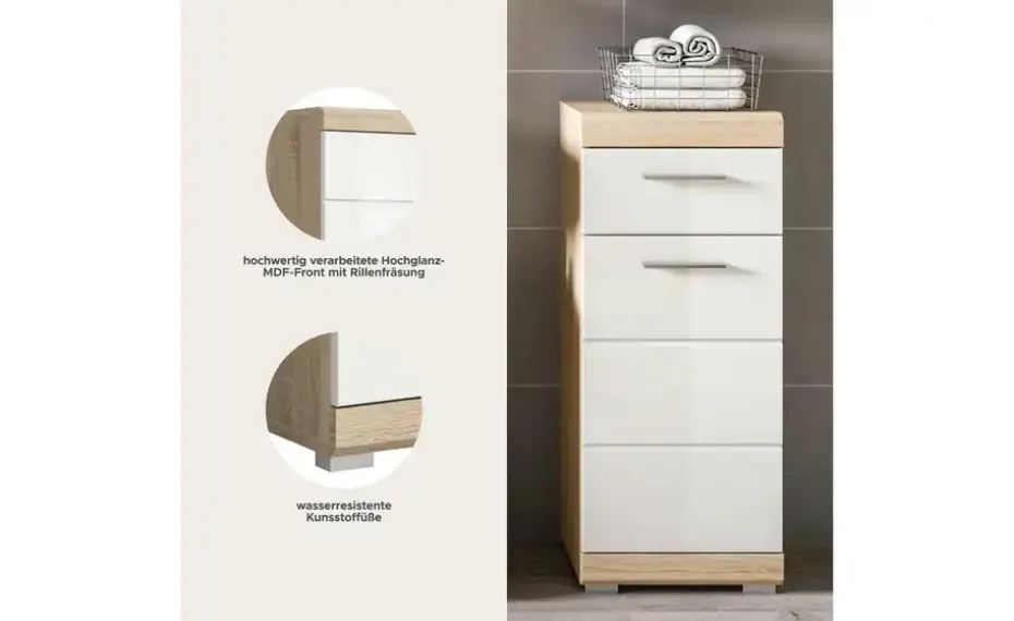 Unterschrank SCHLOONSEE, Breite 37cm, 1 Tür, 1 Schubkasten, 2 Fächer, MDF-Front in verschiedenen Farben erhältlich, Badmöbel, Badschrank, Kommode, Bad Schloonsee